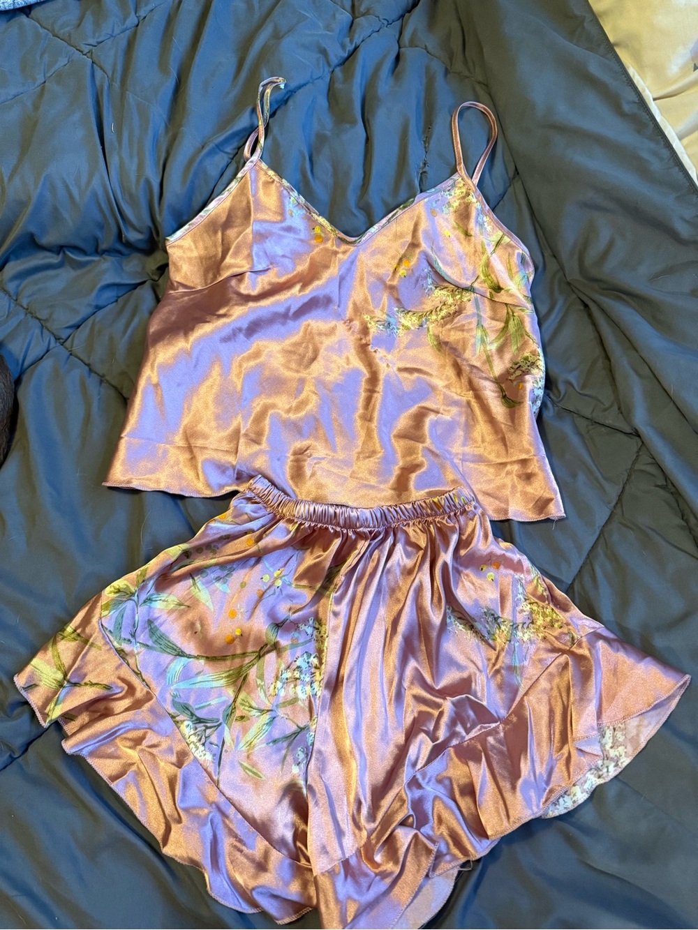 SHEIN Pink Satin Floral Cami & Short Pajama Set